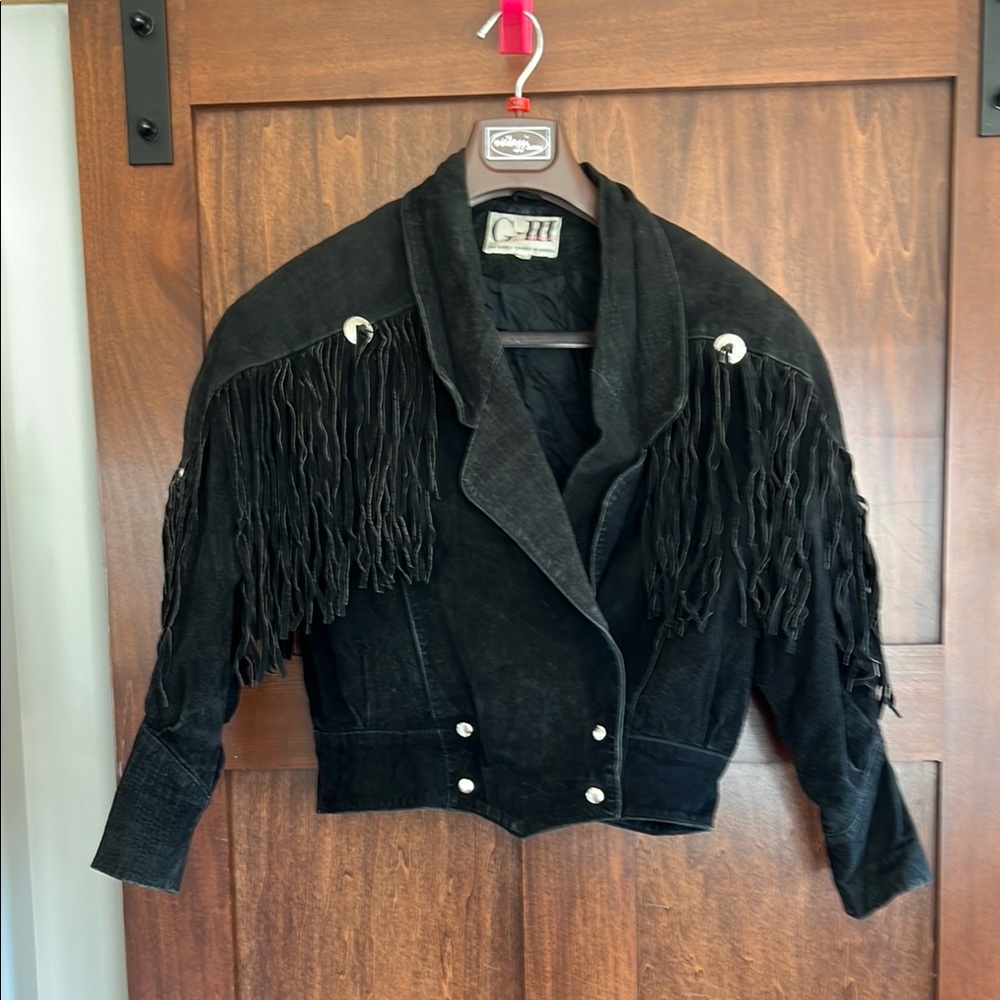Black Leather Fringe Jacket with Cropped Style